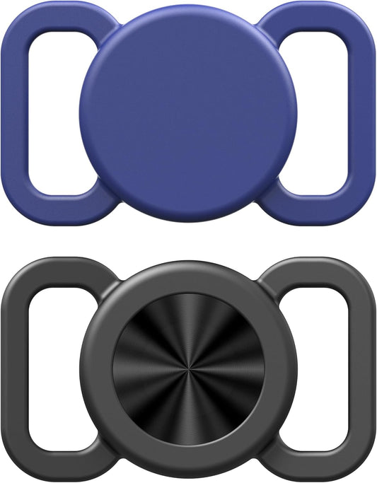 Dog Collar Holder(2 Pack) for Air Tracker Tag and Otag,Waterproof Silicone Case for Pet Cat, Anti-Lost Scratch Resistant Protective Cover Accessory for Airtag & Otag(Black/Dark Blue)